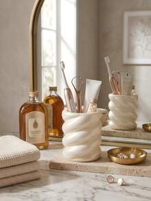 1pc White Swirl Pattern Makeup Brush Holder, Twisted Cosmetic Storage Box, Wavy Storage Cup, Makeup Tool Pen Holder, Vanity Desktop Decor, Bathroom Countertop Storage, Minimalist Home Decor Gift, School Desk Accessory, Kitchen, Halloween, Wedding, Makeup Storage, Room Decor - Multicolor - View 5