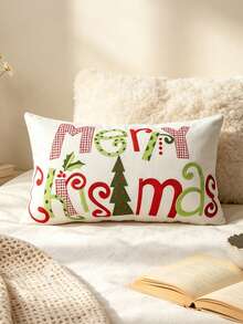 1pc Christmas Merry Christmas Embroidered Rectangular Throw Pillow Cover, Red & Green Letter Christmas Tree Embroidery Cushion Case, Living Room Sofa Atmosphere Decor Bedroom Bedside, Zipper Closure, Machine Washable, Pillow Insert Not Included - Multicolor - View 4