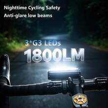 Lampu Depan Sepeda, 1800 Lumens, Lampu Depan Sepeda Terang, Baterai Isi Ulang 2000mAh, Pengisian Daya Tipe-C, Casing & Dudukan Paduan Aluminium, 5 Mode Cahaya, Lampu Keselamatan Bersepeda - Hitam - View 6