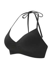 Women's Solid Color Casual Daily Wear Halter Tie Bra - Black - View 1