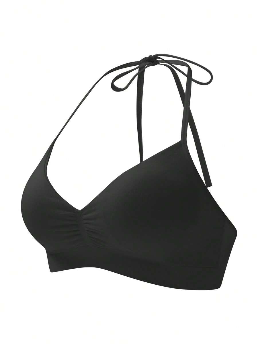 Women's Solid Color Casual Daily Wear Halter Tie Bra - Black - View 1