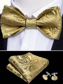5Pcs Men Gold Paisley Jacquard Bow Tie Pocket Square Cufflinks Ring Boutonniere Set, Cufflinks Pattern Random For Wedding - Gold - View 5