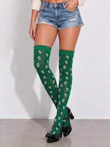 1 Pair Of Green Santa Claus Over-The-Knee Socks-Featuring A Classic Style And Look, Perfect For Wearing During Christmas Or Giving As A Gift. - Green - View 1