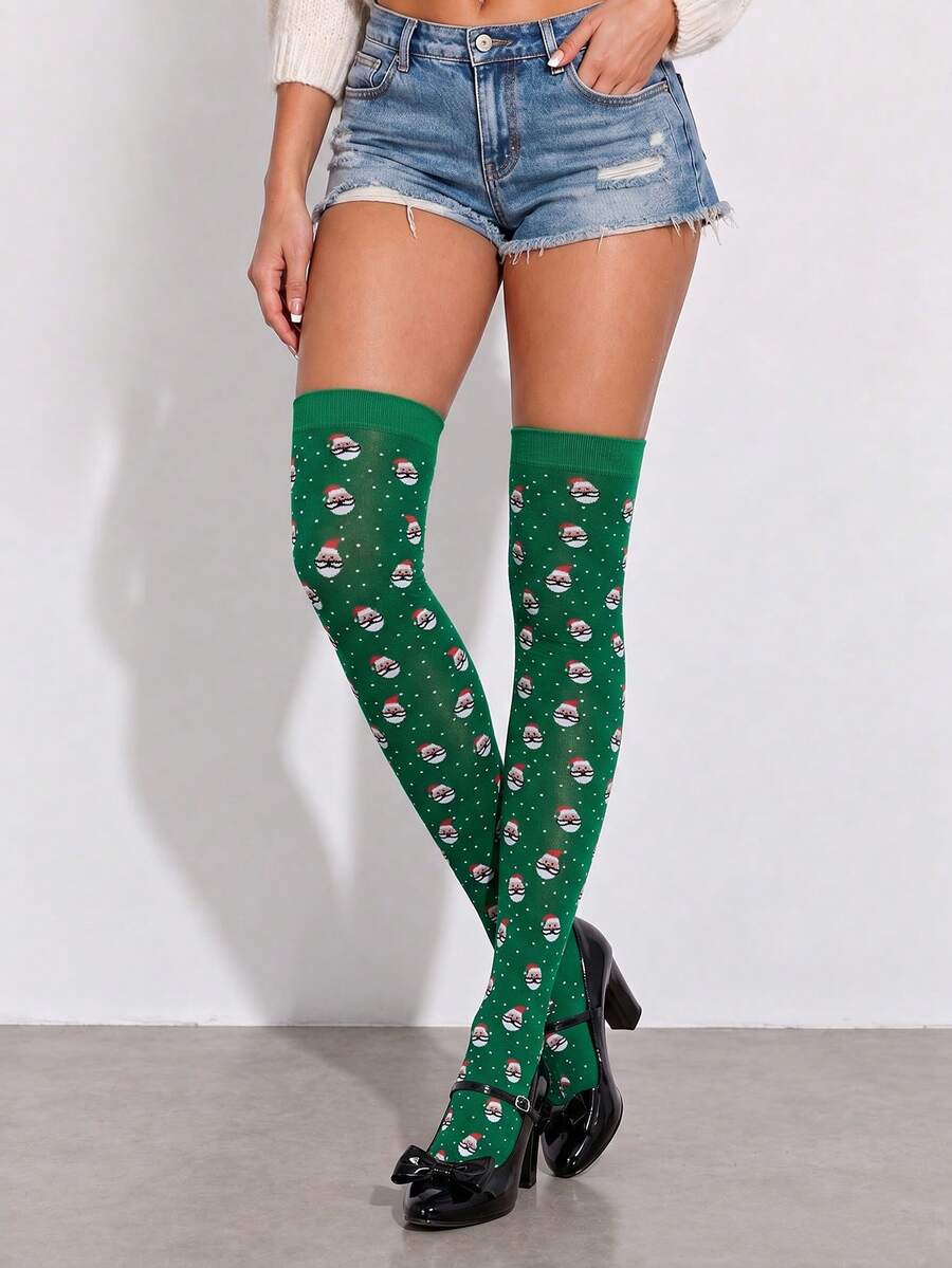 1 Pair Of Green Santa Claus Over-The-Knee Socks-Featuring A Classic Style And Look, Perfect For Wearing During Christmas Or Giving As A Gift. - Green - View 1