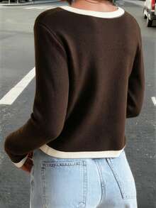Women's Autumn/Winter New French Romantic Soft Feminine Fashion Contrast Trim Commuter Style Knit Cardigan Top - Coffee and White - View 6