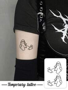 1pc Temporary Tattoo Sticker, Line Art Ghost Walking Ghost Puppy Pattern, Realistic Fake Tattoo Design, For Daily Wear, Bachelorette Party Favors, Music Festival, Game, Graduation Gift, Lasts 3‑5 Days - Black - View 1
