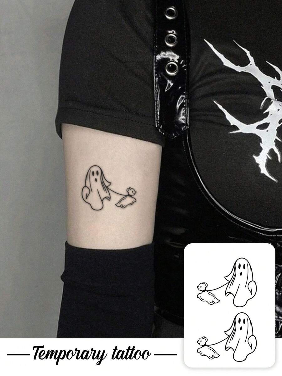 1pc Temporary Tattoo Sticker, Line Art Ghost Walking Ghost Puppy Pattern, Realistic Fake Tattoo Design, For Daily Wear, Bachelorette Party Favors, Music Festival, Game, Graduation Gift, Lasts 3‑5 Days - Black - View 1
