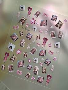 1pc 5D Embossed Nail Art Sticker, Cute Blythe Doll Character, Pink Plaid Bow, Star And Rabbit Hat Design, Self-Adhesive Nail Decal, Y2K Cute Style Autumn DIY Nail Decoration, Suitable For Girls Party And Daily Nail Decoration - Multicolor - View 4