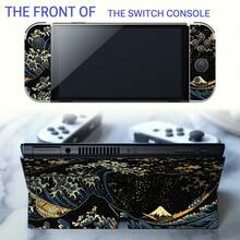 Sticker Set Compatible With Switch OLED, Black & Gold Ukiyo-E Wave Pattern, Waterproof & Scratch-Resistant Self-Adhesive Vinyl Game Console Skin, Removable Without Residue, Full Set Console + Controller Decorative Film - View 5
