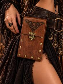 Vintage Medieval Brown PU Leather Waist Bag, Celtic Pattern Metal Buckle Waist Pouch, Viking Renaissance LARP Roleplay Belt Storage Bag, Halloween Fantasy COS Costume Accessory - A - View 8