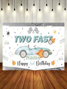 可客製化賽車主題生日背景布，個性化姓名，賽車派對蛋糕砸碎肖像攝影背景牆，乙烯基材質，兒童 Two Fast 生日橫幅，生日派對裝飾，復古大獎賽 - 彩色 - 查看 12