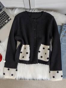 Women's Black & White Polka Dot Patchwork Knit Cardigan Sweater, Thick Autumn/Winter New Style, Round Neck, Single-Breasted, Contrast Color Pockets, Long Sleeve, Small Jacket - Black - View 8