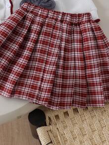 2pcs Baby Girls Gentle Pastoral Style Handmade Crochet Floral Decor Knitted Cardigan And Plaid Pleated Skirt Set, Spring/Autumn - Burgundy - View 8