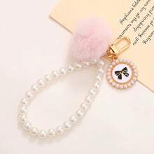 Faux Pearl Beaded Pom Pom Bag Charm, Cute Bow Decor Keychain & Handbag Pendant Accessory - Multicolor - View 7