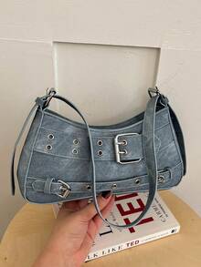 Fashionable High-End Buckle Strap Solid Color Baguette Bag, Y2K Hot Girl Motorcycle Shoulder Bag, Suitable For Daily Street Style, Socializing, Parties, Gifts - Blue - View 9
