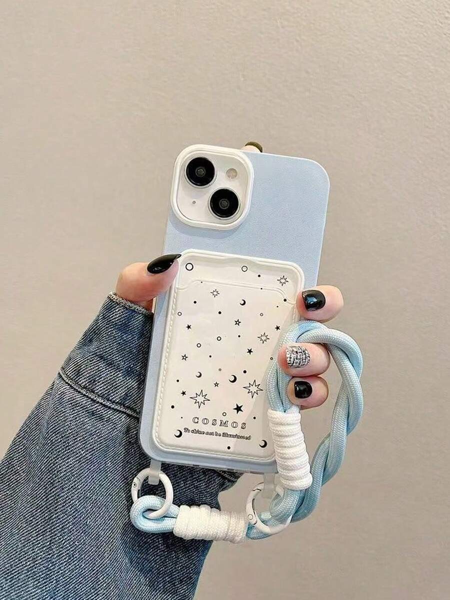Star & Moon Card Holder Phone Case With Wrist Strap For IPhone 15, Creative Shockproof Protective Cover For IPhone 14, 13, New Style - Blue - View 1