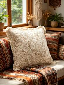 1PC Rural Floral Print Pillow Cover, Tassel Border, Double-Sided Decorative Pillowcase, Hand-Painted Plant Design Pattern, Home Decoration, Sofa, Bed, Bedroom(Excluding Pillow Core)-Size Excludes 3cm Tassels - Multicolor - View 11