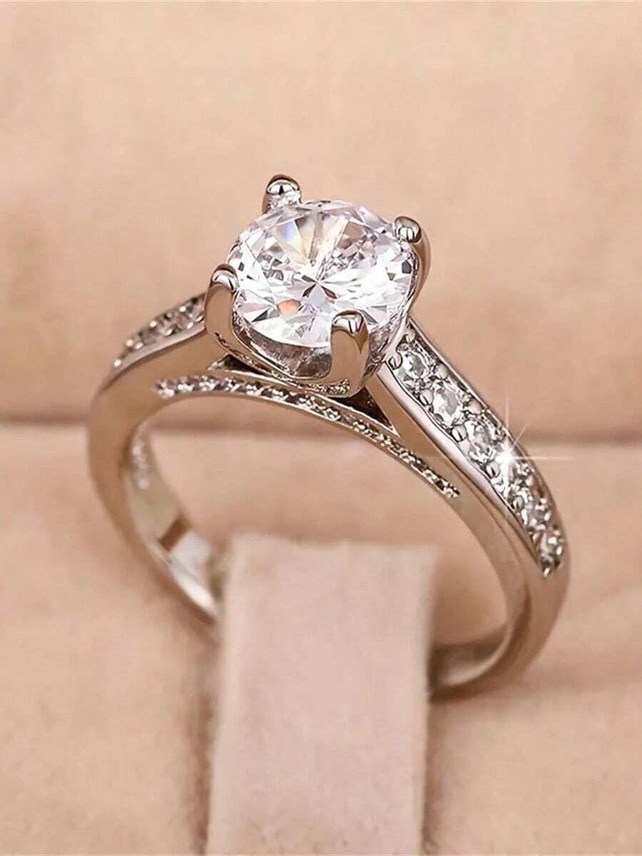 1 pieza Anillo de compromiso de mujer con forma de corazón de circonita cúbica, adecuado para uso diario - Plateado 2 - Ver 1