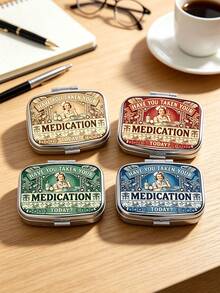 Vintage Nurse Print Pill Box, Mini Portable Metal Pill Case, Multi Compartment Medicine Vitamin Storage Organizer, Travel Pocket Pill Holder - Multicolor - View 2