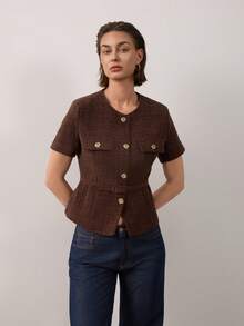 Women's Tweed Metal Flower Single-Breasted Short Sleeve Jacket With Belt Summer - Dark Brown - View 4