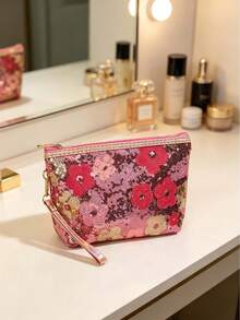 1pc Large Capacity Sequin Floral Fashion Makeup Bag With Handle And Zipper, Portable Cosmetic Storage Organizer For Phone, Coins, Data Cable, Etc., Suitable For Women, Home, Travel, Business Trip, Daily Commute, All Seasons - Multicolor - View 14