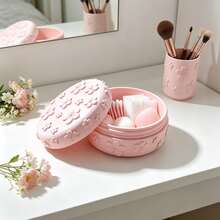 Cherry Blossom Embossed Pink Round Makeup Storage Box With Lid, High Aesthetic Ins Style Organizer For Cotton Pads, Jewelry, Makeup Accessories, Suitable For Vanity Table - View 2