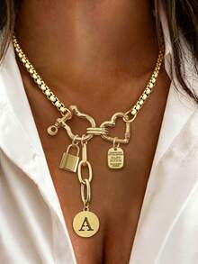 1pc Gold Horseshoe Double Buckle Luxury A-Z Letter Necklace, Unique Lock Buckle Letter Tag Rhinestone Pendant Chain, Women's Daily Commute Decoration - Yellow Gold - View 31