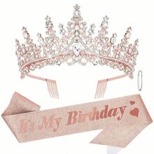 1 Set Birthday Ribbon Crown Set, Shiny Waistband, Sparkling Crystal Crown, Adult Women Birthday Gift, Suitable For Girls Birthday, Party Gift, The Best Gift For Her - Multicolor - View 19