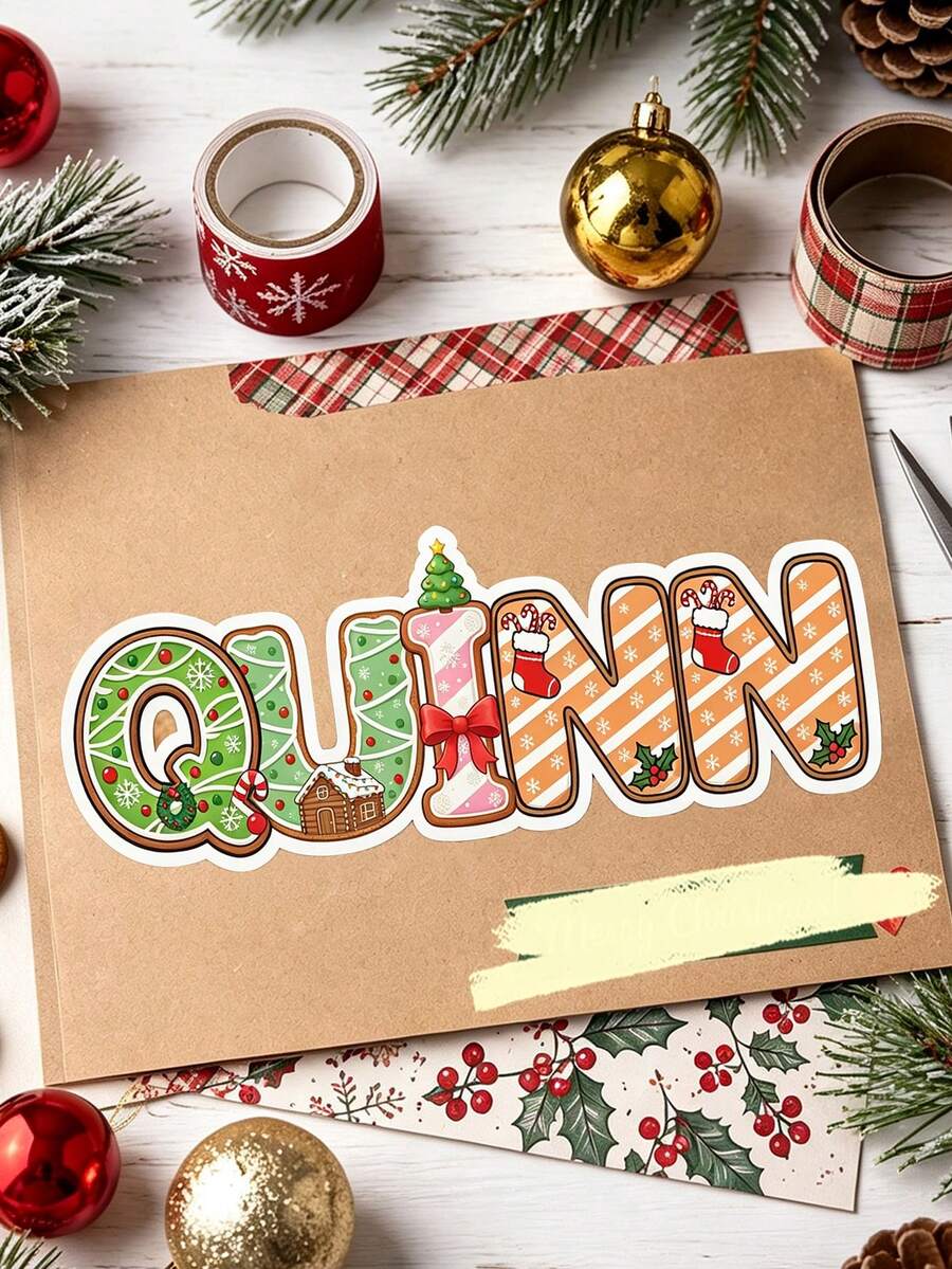 1-100Pcs Personalized Custom Christmas Stickers, Custom Name Letter Decals, Holiday Alphabet Labels, DIY Gift Wrapping Decor, Scrapbook Embellishments, Party Decoration Supplies, Present Packaging Labels, Holiday Craft Accessories - Multicolor - View 1