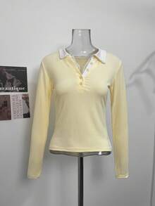 女款軟甜風蕾絲拼接 Polo 領長袖 T 恤，秋季小眾設計修身顯瘦上衣 - 黃色 - 查看 6