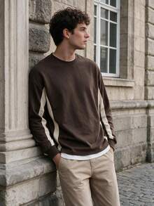 Men's Autumn/Winter Five-Star Print Colorblock Long Sleeve T-Shirt, Retro Football Style Casual Pullover - Brown - View 1