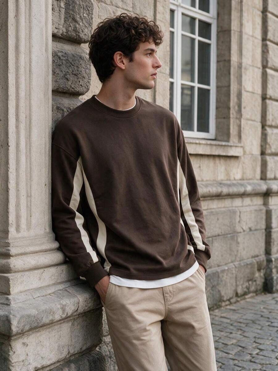Men's Autumn/Winter Five-Star Print Colorblock Long Sleeve T-Shirt, Retro Football Style Casual Pullover - Brown - View 1