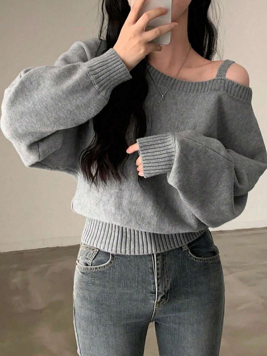女款韓式純色不對稱領蝙蝠袖寬鬆毛衣