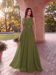 EVERPRETTY Autumn/Winter Romantic Chiffon Sleeveless Ruffle Hem Beaded Embroidery Detail Bridesmaid Dress Suitable For Semi-Formal Wedding Guest Party Valentine's Day - Olive Green - View 8