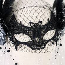 Women's Black Lace Masquerade Mask, Feather Butterfly Beaded Veil Half Face Mask, Gothic Style Venetian Halloween Party Cosplay Costume Accessory - Black - View 4