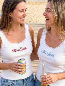Personalized Embroidered Lace Tank Top,Customized Embroidered Modal Tank Top, Bridal Camisole, Bridesmaid Gifts, Bachelorette Party Top - Multicolor - View 6