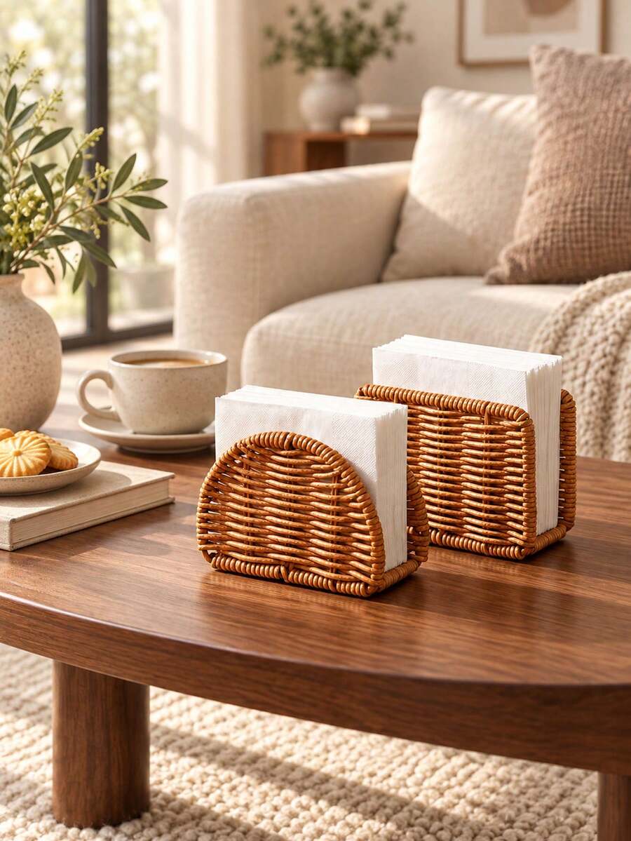 1pc Woven Upright Napkin Holder, Rustic Boho Paper Napkin Organizer, Freestanding Tabletop Napkin Dispenser For Kitchen Counter, Dining Table, Coffee Table, Living Room & Cafe Decor - Multicolor - View 1