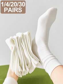 1/4 Pair White Simple Women Breathable Moisture-Wicking Casual Mid-Calf Socks For Spring/Summer, Fall - White - View 3