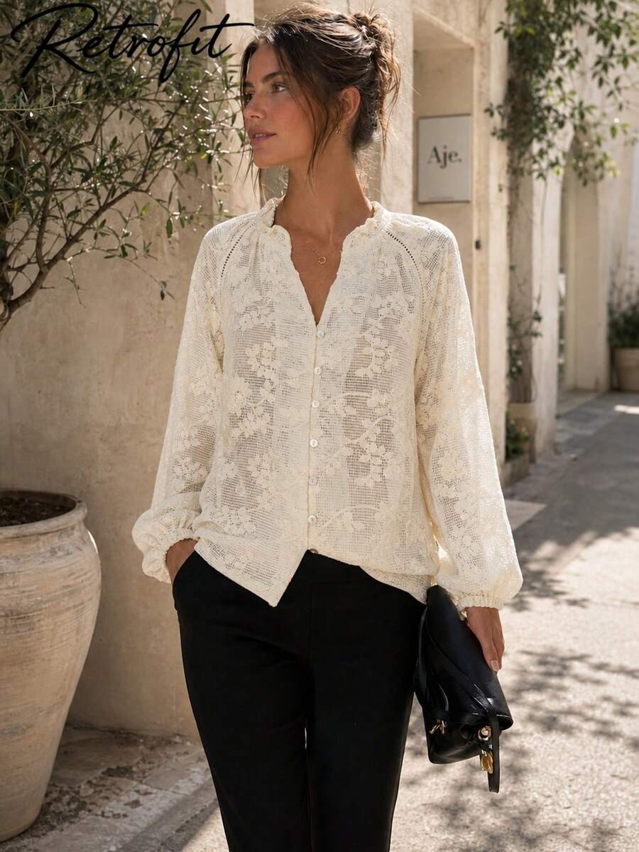 Women's Vintage Elegant Long Sleeve Blouse, Hollow Embroidery Design, Fashionable Casual, Suitable For Spring & Summer Daily Wear - Apricot - View 1
