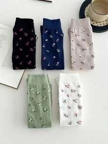 5 Pairs Women's Floral Knee-High Socks, Sweet Vintage Long Socks, Suitable For Matching With Dresses And Loafers, Spring/Autumn/Christmas Outfits - Multicolor - View 3