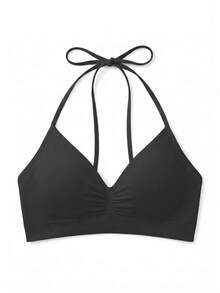 Women's Solid Color Casual Daily Wear Halter Tie Bra - Black - View 2