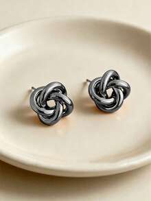 1 Pair Gun Black Fashion Minimalist Versatile Geometric Knot Twist Stud Earrings, Suitable For Teenage Girls' Daily And Holiday Wear - Twisted Rope - View 1