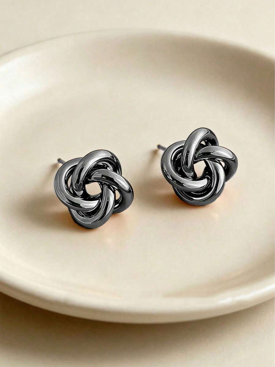 1 Pair Gun Black Fashion Minimalist Versatile Geometric Knot Twist Stud Earrings, Suitable For Teenage Girls' Daily And Holiday Wear - Twisted Rope - View 1