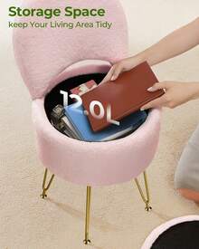 Taburete con Almacenamiento y Respaldo Plegable, 15.7 x 15.7 x 19.5 Pulgadas, otomana Suave de Piel sintética para Adultos, 4 Patas de Metal con pies Antideslizantes, Asiento Acolchado - Rosa - Ver 2