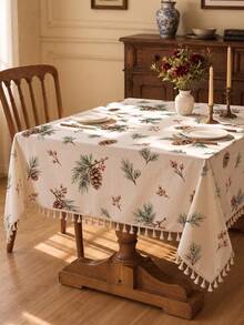1pc Christmas Winter Minimalist Pine Branch Berry Pine Cone Pattern Polyester Cotton Lace Tablecloth, Stain-Resistant With Tassel Fringe, Suitable For Square/Round Tables, Kitchen, Dining Table, Coffee Table, TV Stand, Entryway, Party Holiday Decor, Home Decor, Christmas Gathering - Multicolor - View 2