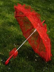 1pc Lace Wedding Umbrella, Romantic Bridal Lace Parasol, Festive Red With Lace Trim, Perfect For Weddings, Parties, Gift Ceremonies, Birthdays - Multicolor - View 2