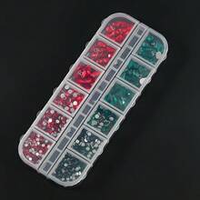 12 Grids Christmas Nail Rhinestones Kit, Red Green Mixed Multi‑Shape Heart Teardrop Round Flatback Crystal Gems, 3D Nail Art Charms For Xmas Winter Manicure DIY Decorations Supplies - Multicolor - View 6
