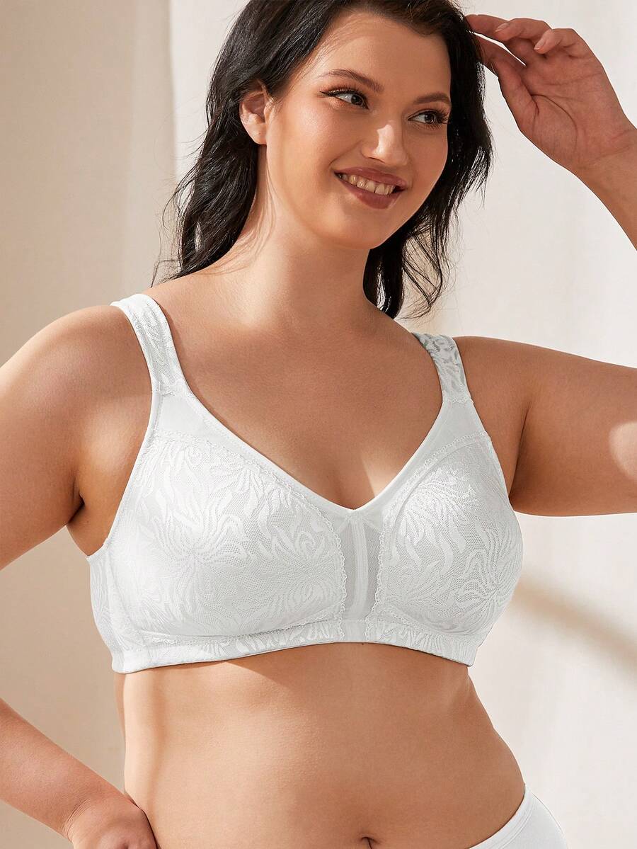 Deyllo Plus Size Women Shaping Bra, Full Coverage, Wireless, Unpadded, Wide Straps, Lace Trim, Effectively Minimizes Bust, Soft & Comfortable, Suitable For Daily Wear - White - View 1