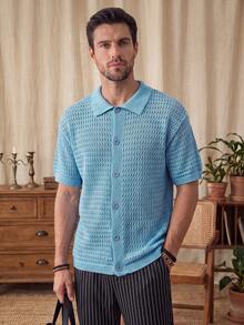 Men's Unisex Knit Polo Shirt, Street Casual Business Commute Versatile Turn Collar Mesh Loose Short Sleeve Solid Color Cardigan Knit Top - Blue - View 1