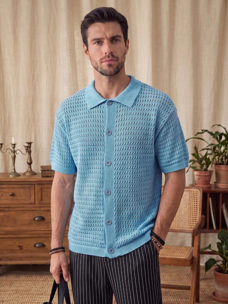 Men's Unisex Knit Polo Shirt, Street Casual Business Commute Versatile Turn Collar Mesh Loose Short Sleeve Solid Color Cardigan Knit Top - Blue - View 1